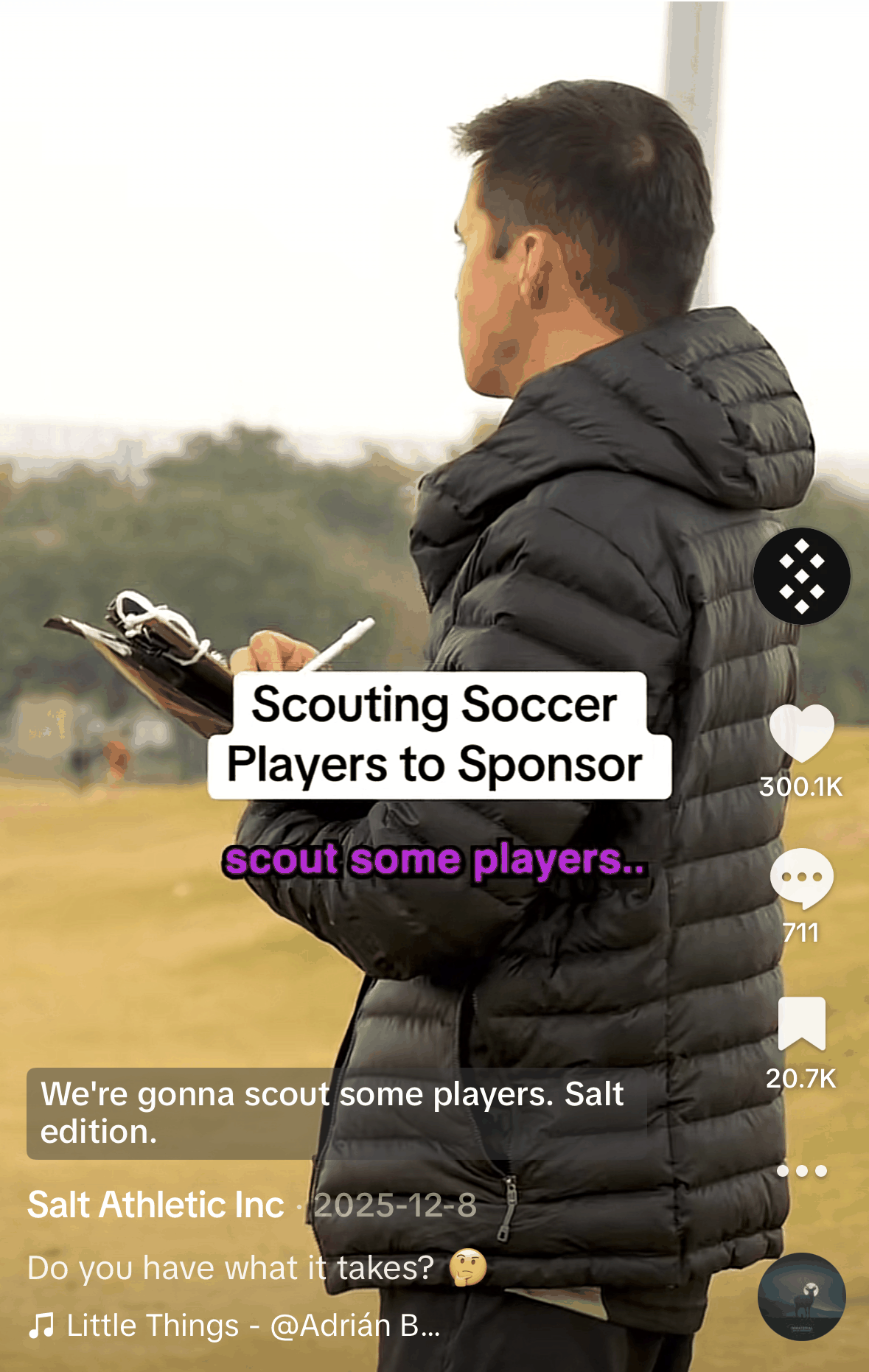 TikTok video by Salt Athletic titled Scouting Soccer Players to Sponsor, posted December 8, 2025, showing 300.1K likes and 20.7K saves
