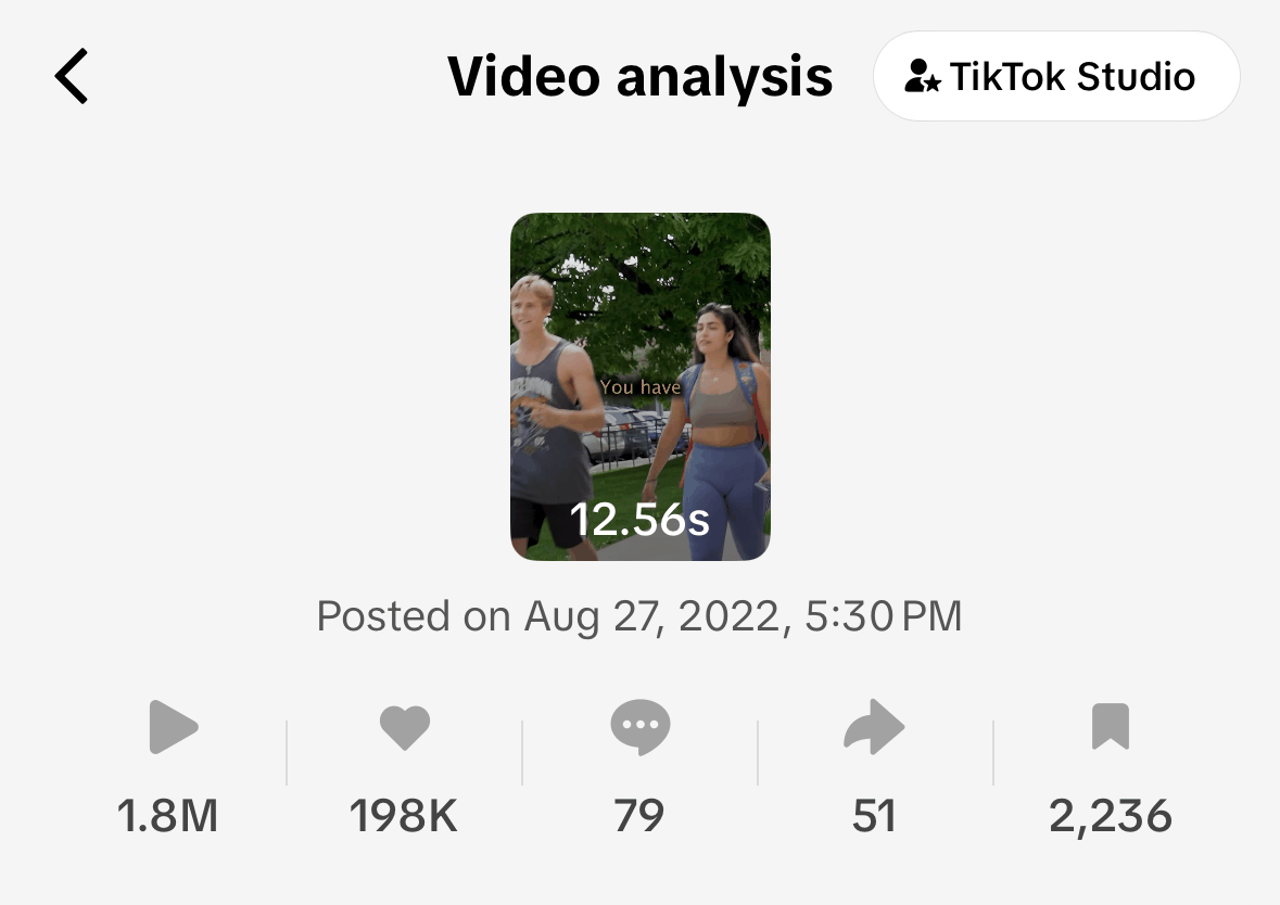 TikTok video analysis screen showing 1.8M plays on a 10-Second series video posted August 27, 2022
